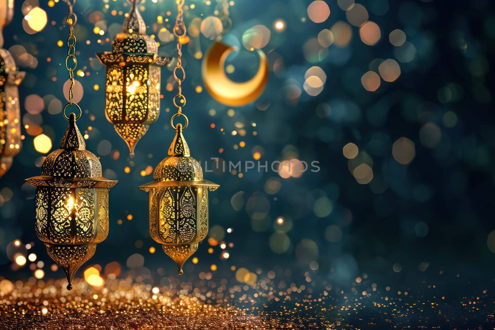 Ramadan Kareem background with a combination of shining hanging gold lanterns. Generative AI.