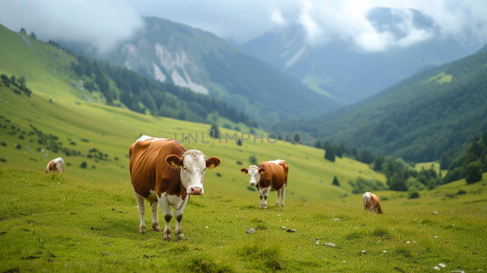 A cow grazes on alpine meadows. Agricultural industry by NeuroSky