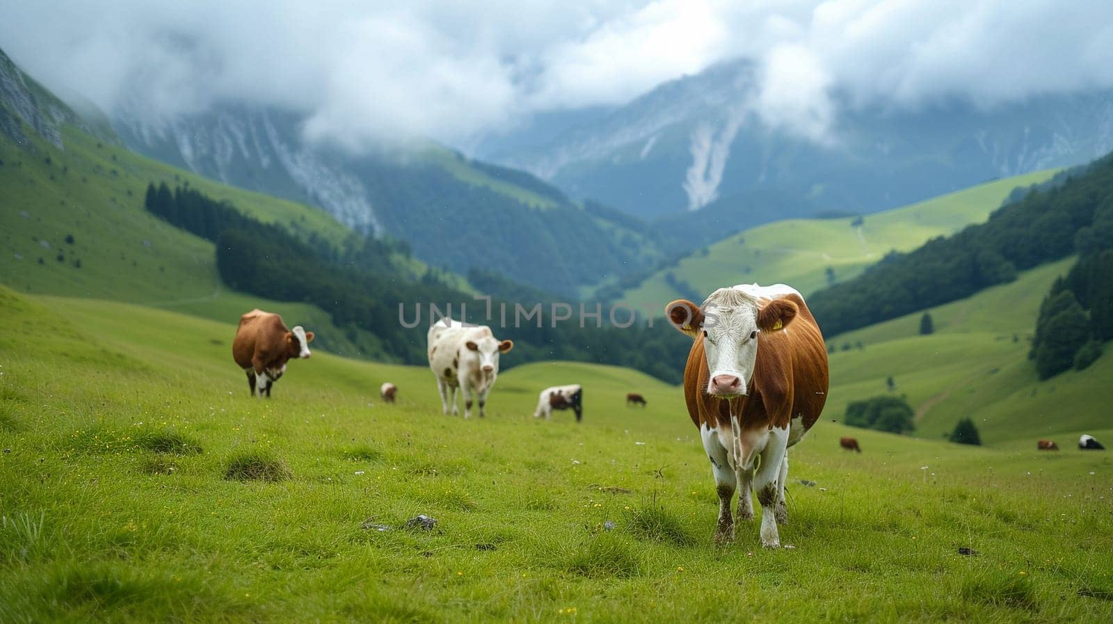 A cow grazes on alpine meadows. Agricultural industry by NeuroSky