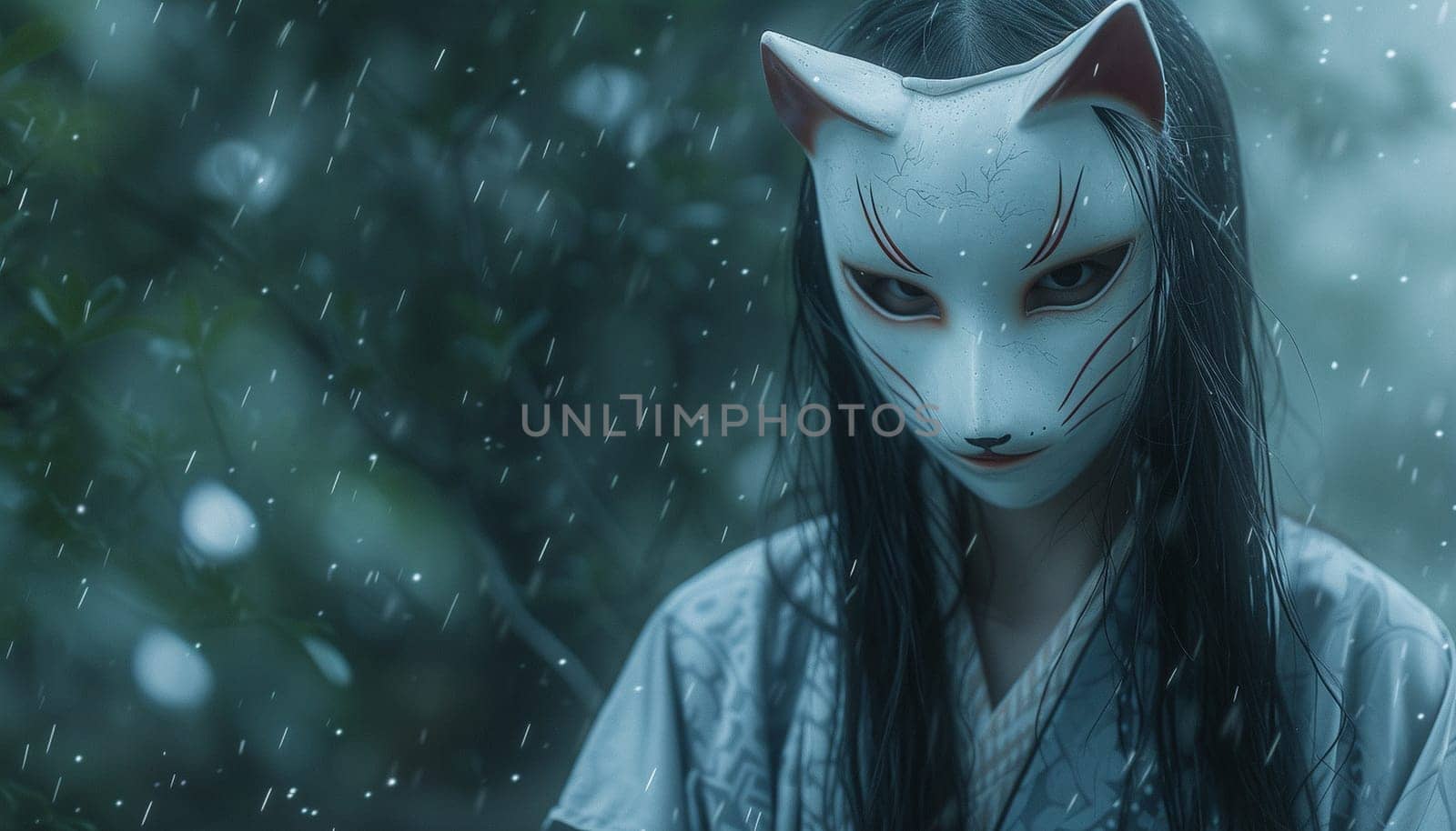 A beautiful gloomy photo of a Japanese girl in a fox mask by NeuroSky