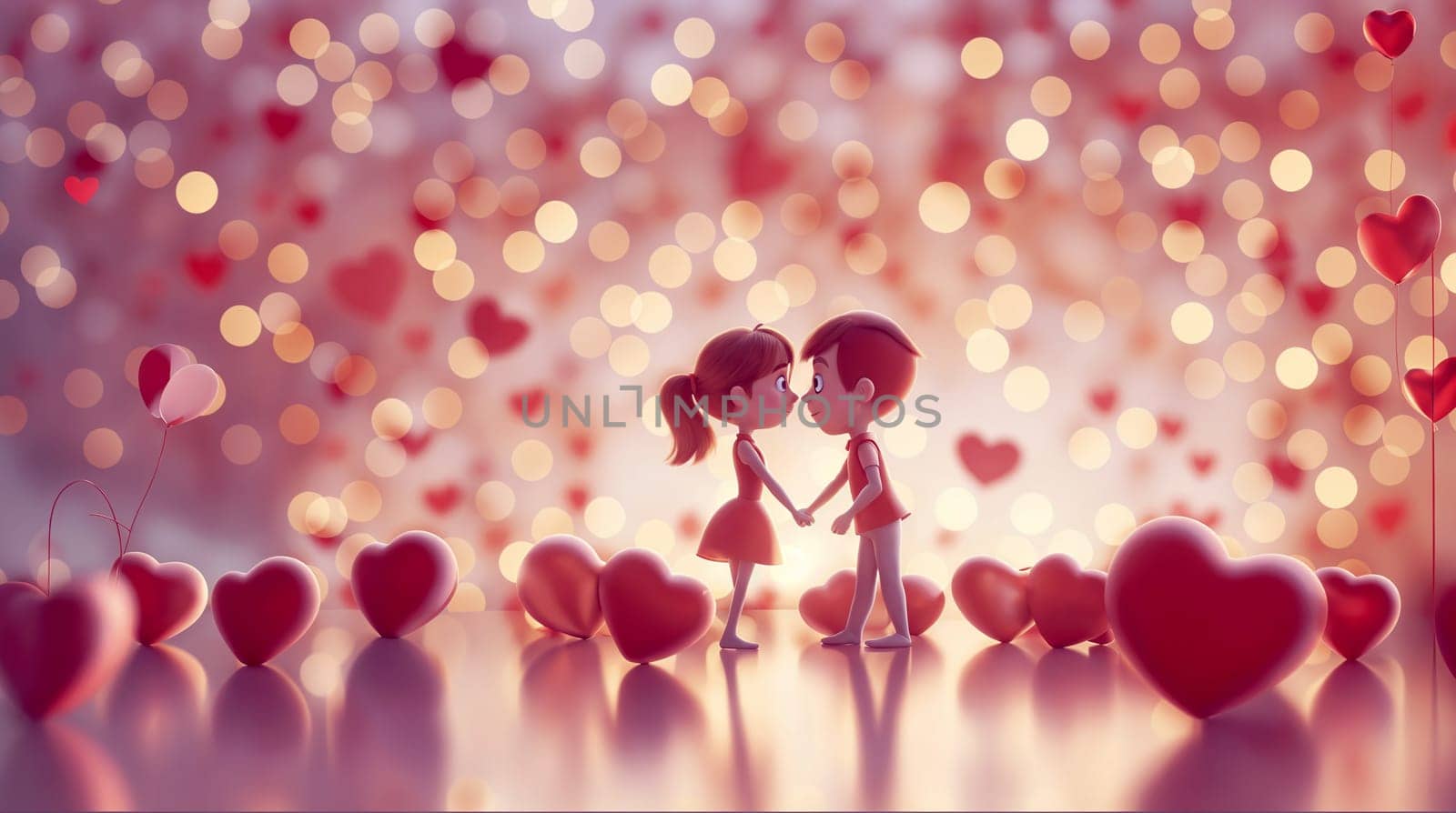 Animated couple surrounded by hearts and bokeh lights, symbolizing a whimsical Valentine's celebration - Generative AI