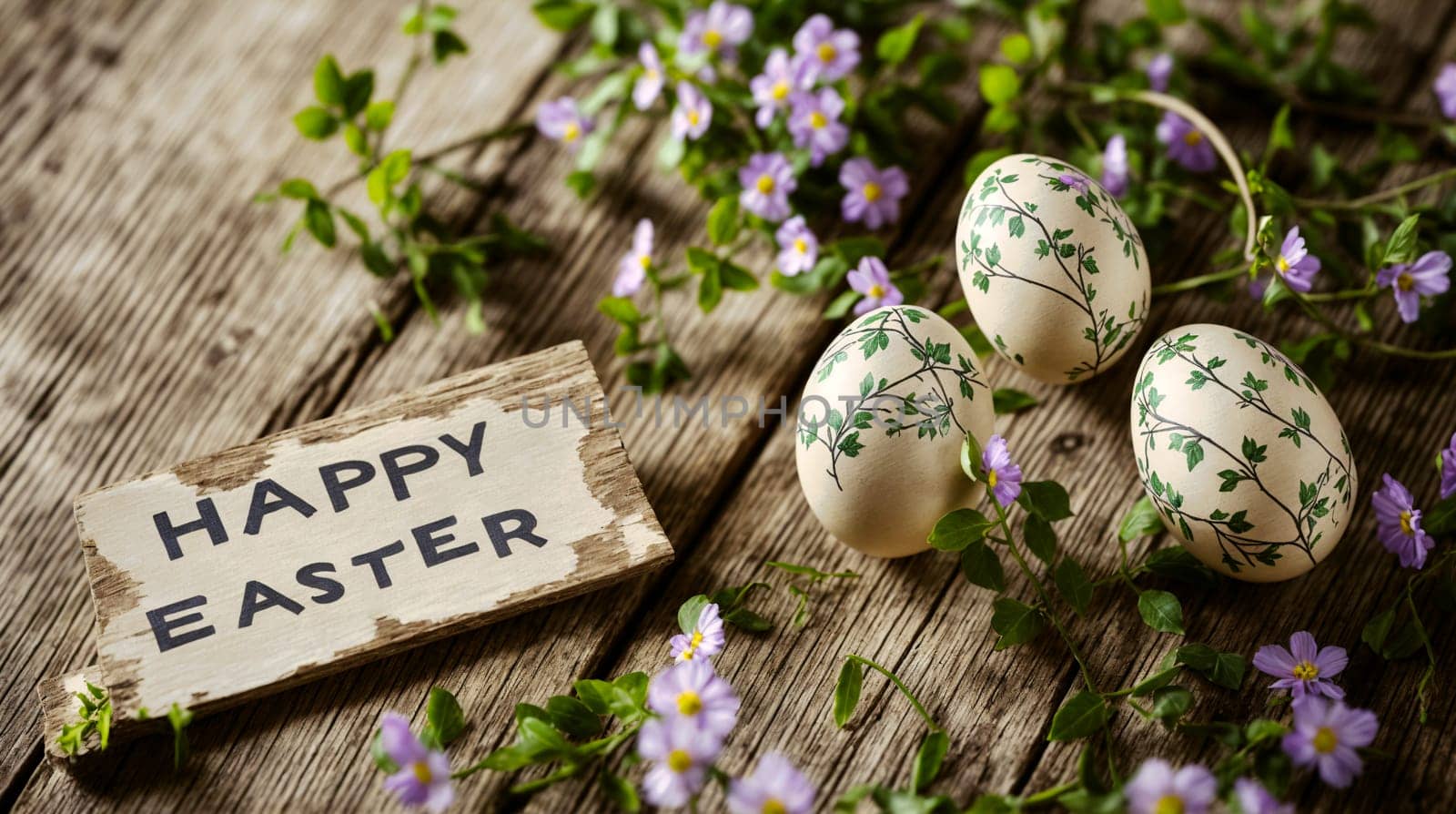 Hand-painted Easter eggs among delicate purple flowers with a rustic 'Happy Easter' sign on wooden background - Generative AI