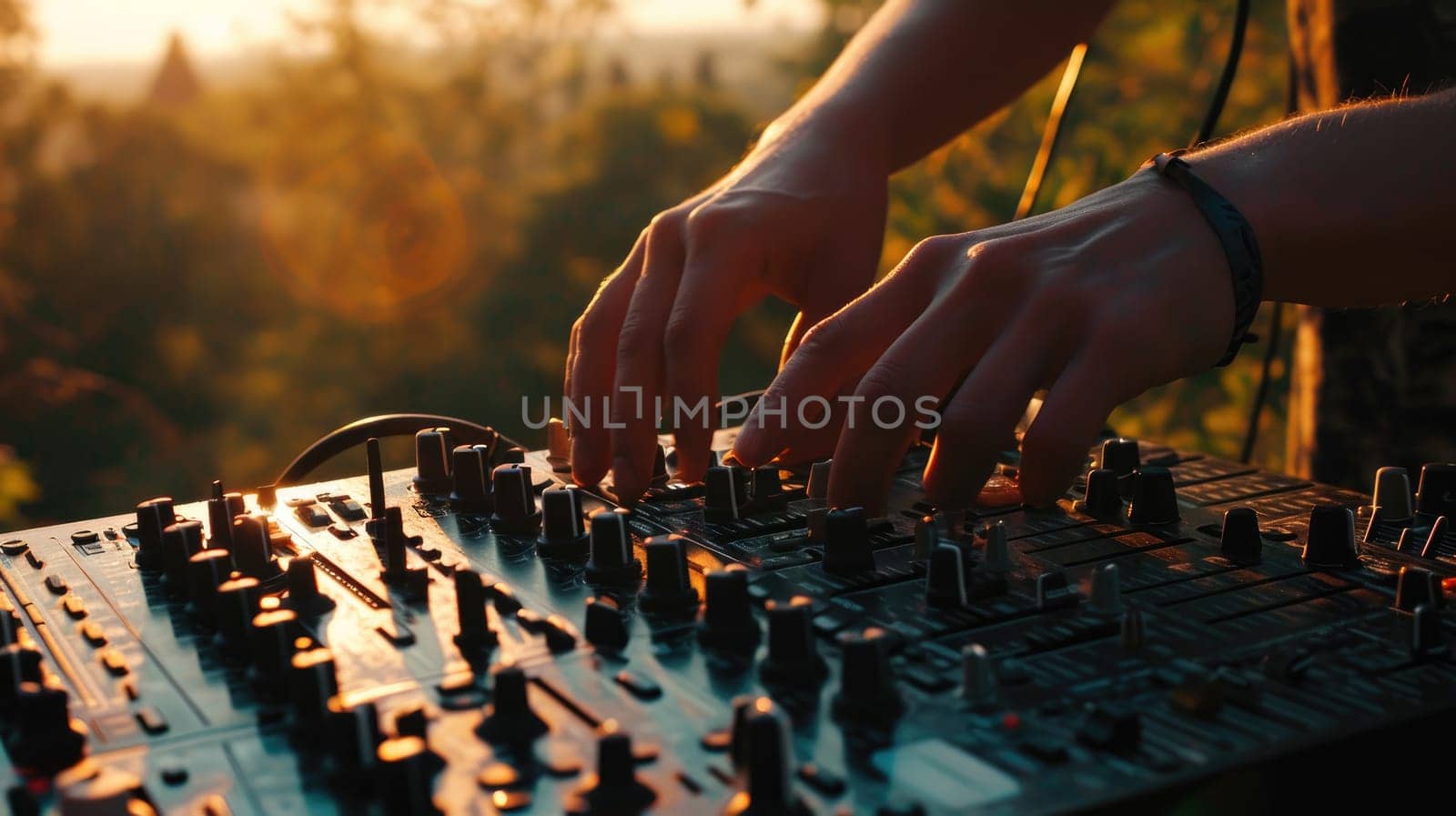 Close up of sound mixer equipment, Dj mixing music outdoor at party festival.