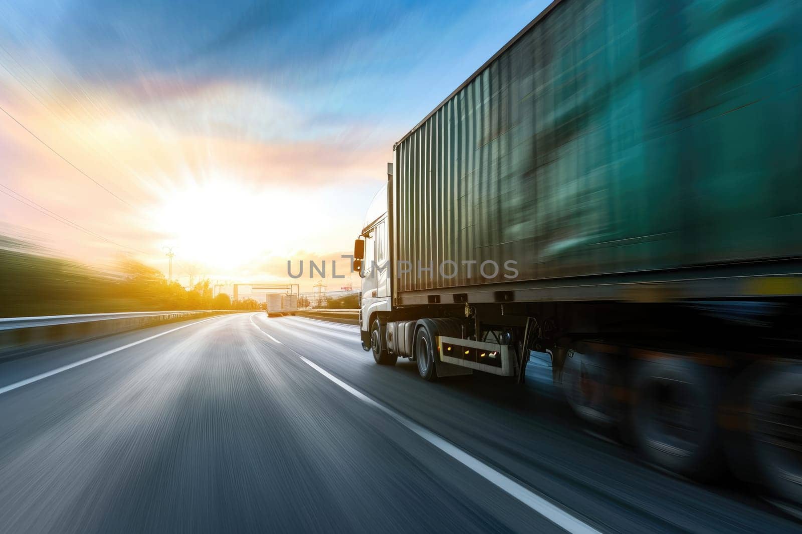 Truck with container on highway, cargo transportation concept. Fast delivery, blurred motion.