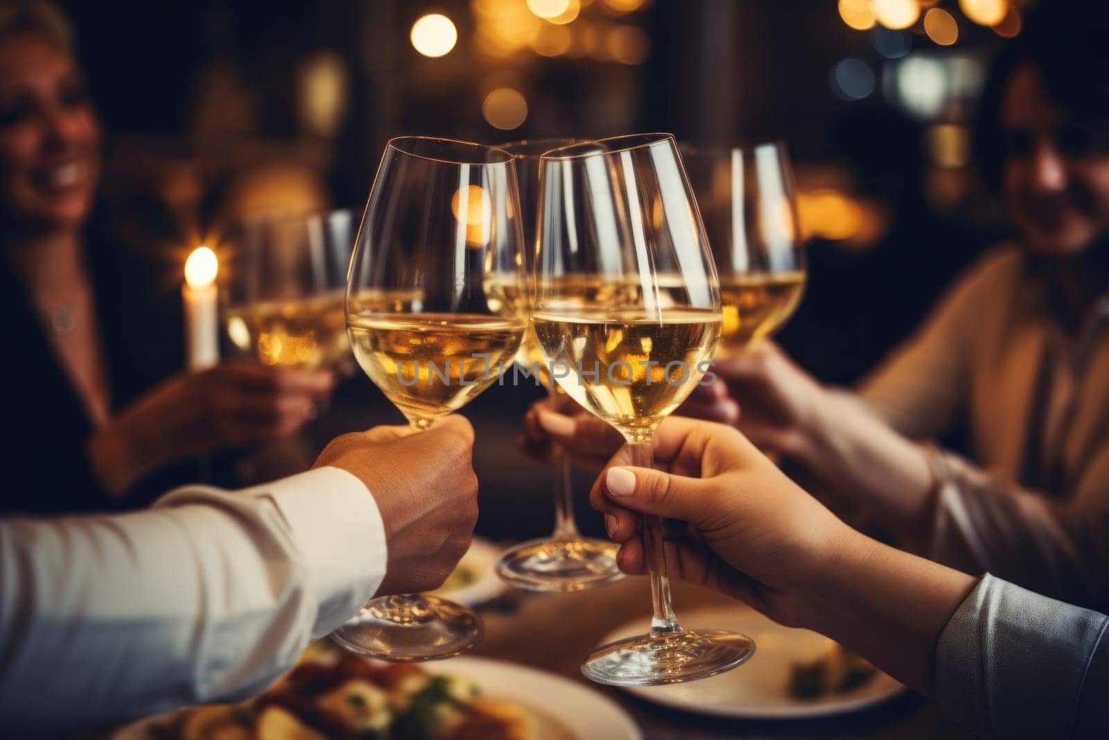 Close up of group of friends toasting with glasses of white wine at restaurant by nijieimu