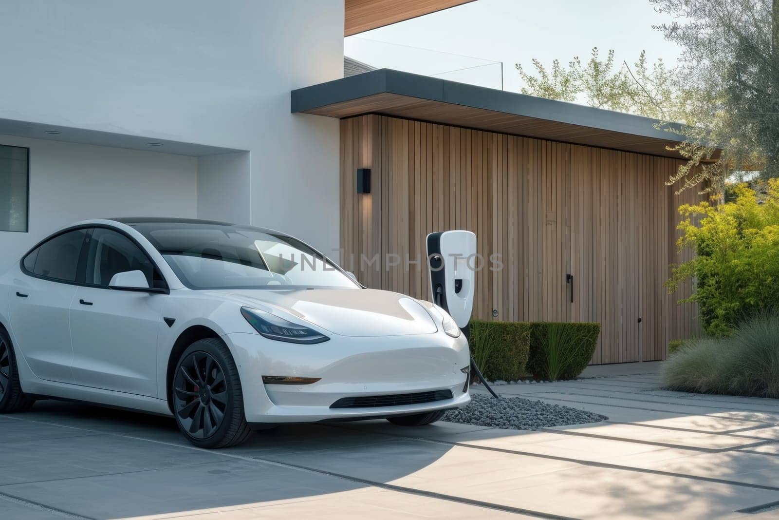 Electric car plugged to charging station outside home with power cable. Generative AI.