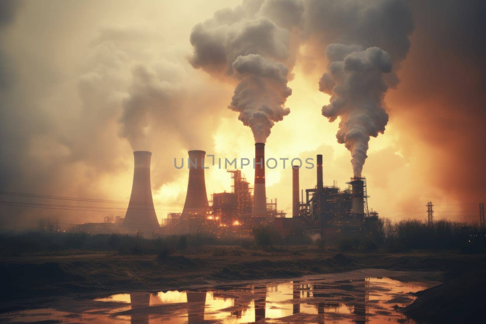 Industrial factory pollution, smokestack exhaust gases, bad atmosphere.