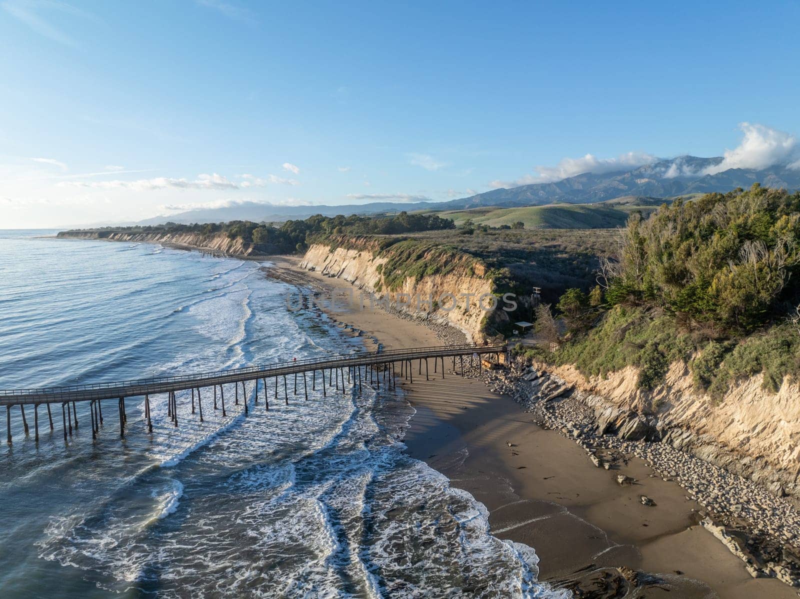 Aerial view of the cliff and beach with ocean in Santa Barbara California, USA