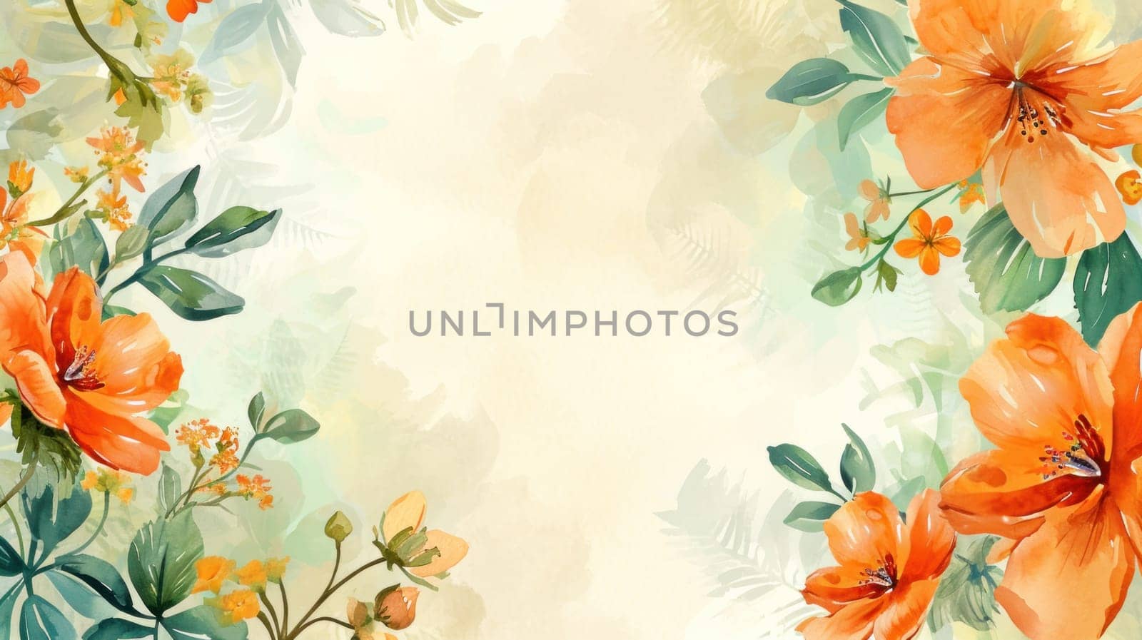 Bright watercolor background with orange flowers and flowers. Generative AI by golfmerrymaker