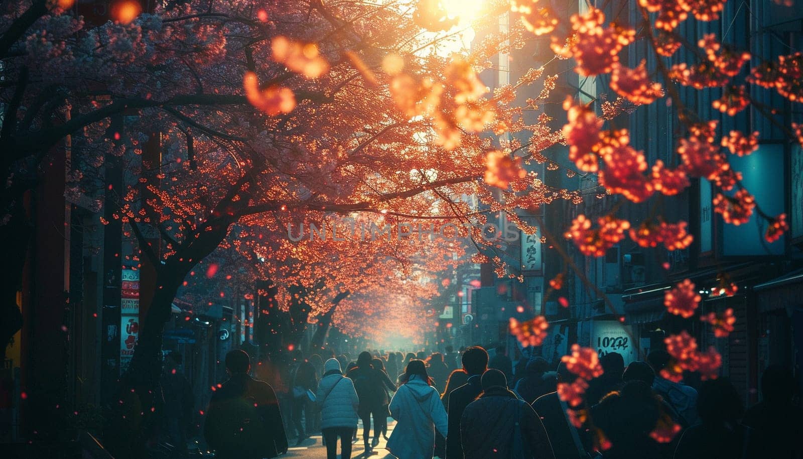 A colorful street photo of the streets of Japan during the Hanami holiday. Cherry blossoms. High quality photo