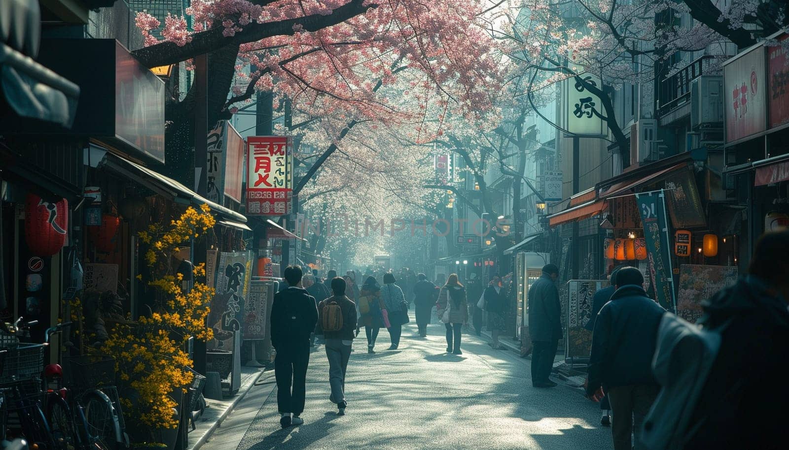 A colorful street photo of the streets of Japan during the Hanami holiday. Cherry blossoms by NeuroSky