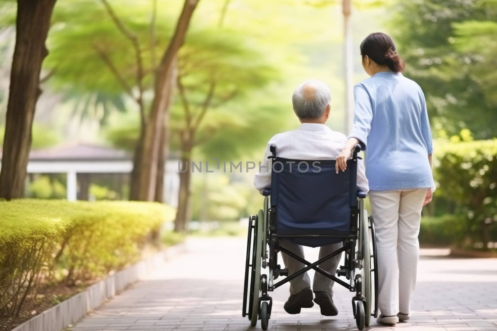 Rear view of elderly man in wheelchair and care helper.