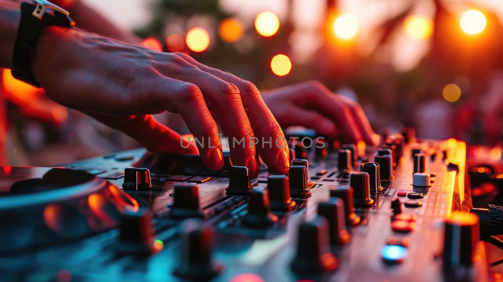 Close up of sound mixer equipment, Dj mixing music outdoor at party festival.