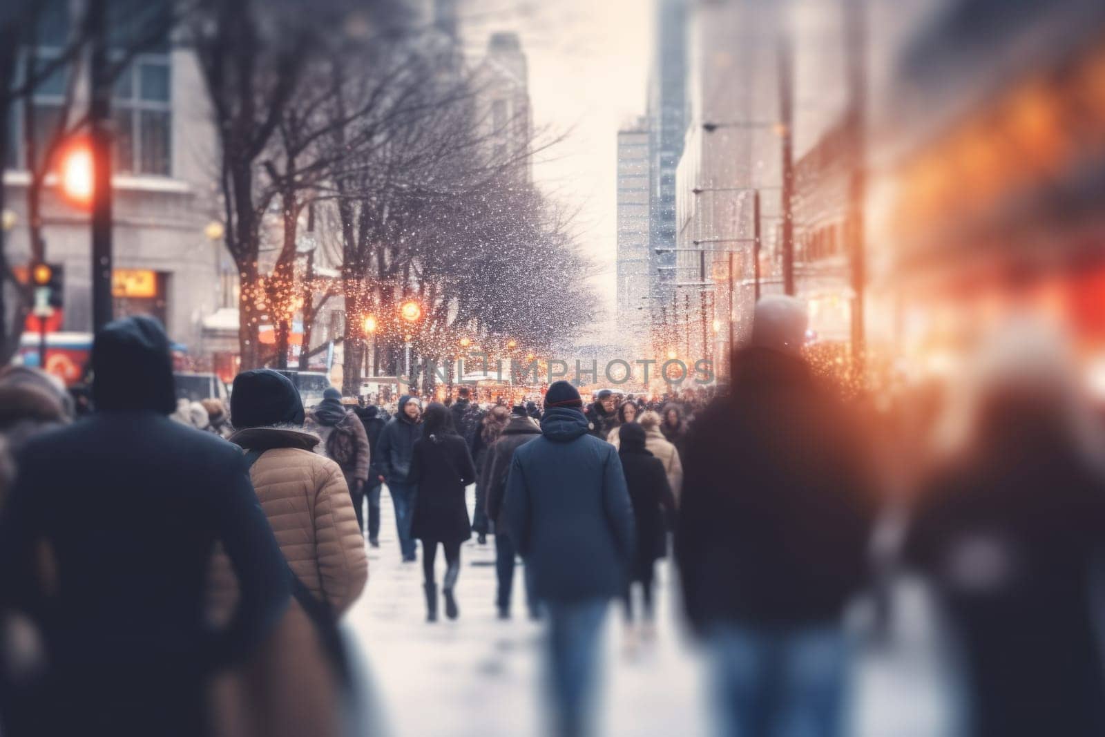 Crowd on street in bright lens flare Abstract blur.