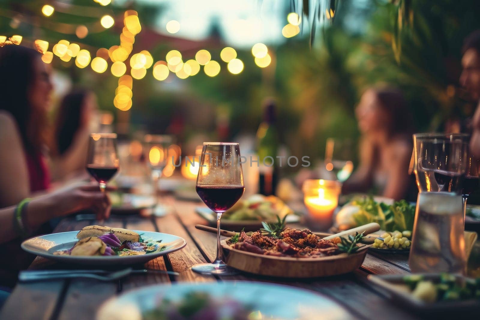 Happy friends having fun outdoor. Group of friends having backyard dinner party.