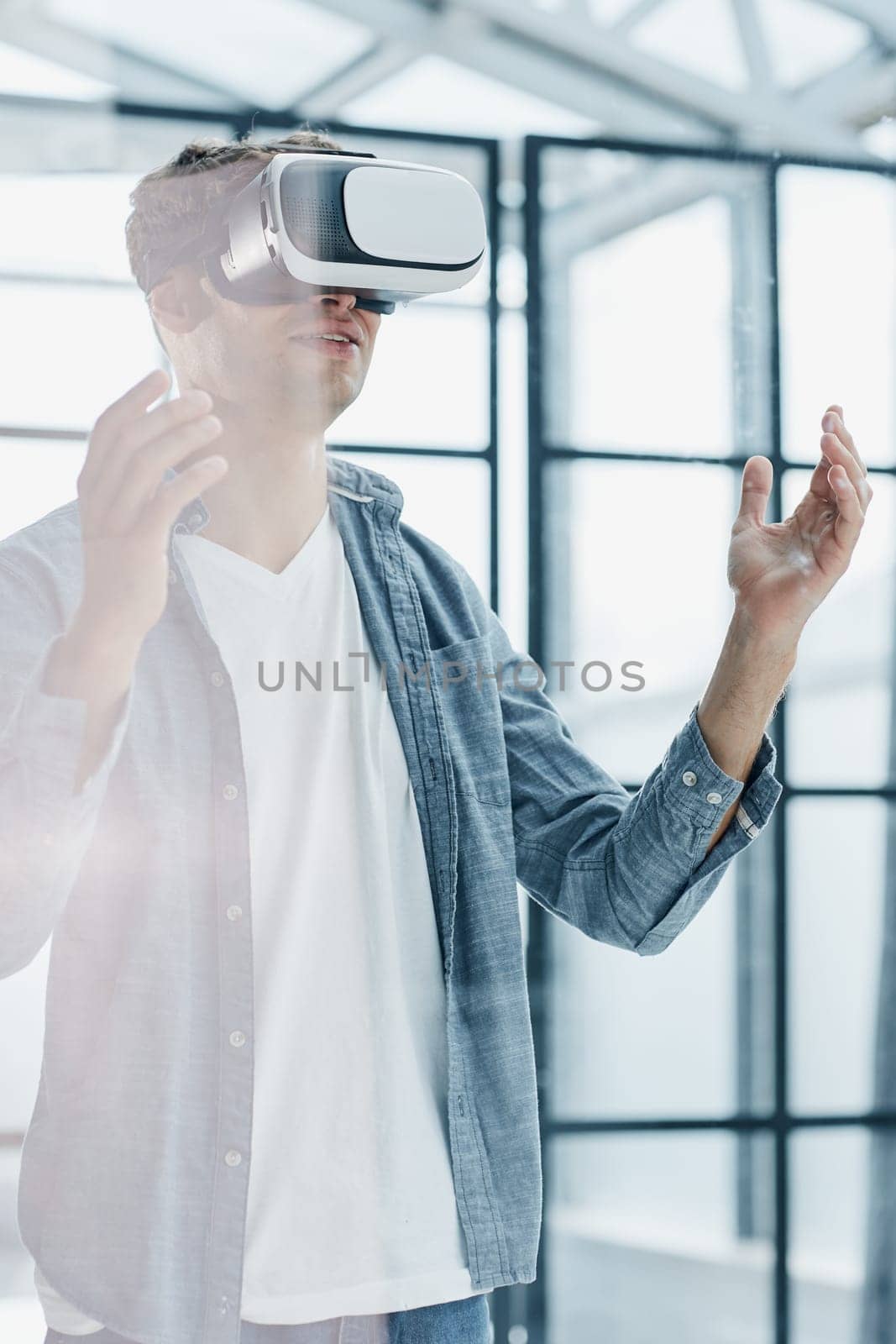 man using vr glasses to view educational material and financial documents