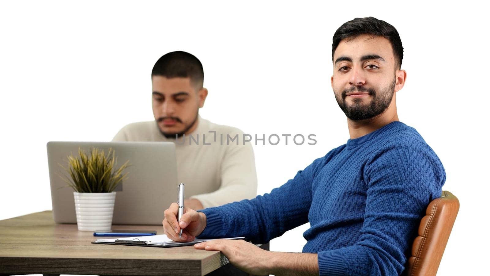 Men, close-up, on a white background, is working by Prosto