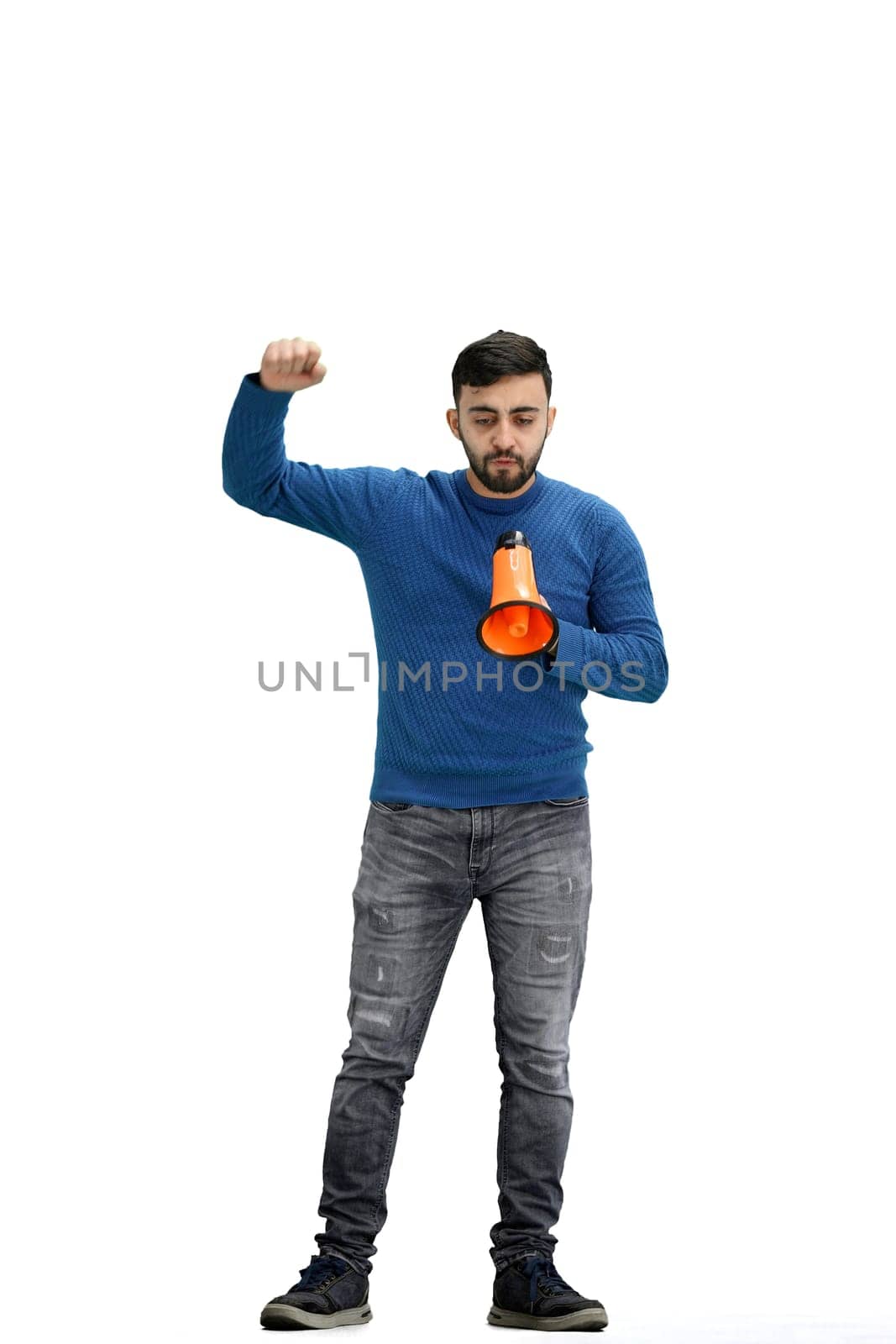 A man, full-length, on a white background, with a megaphone.
