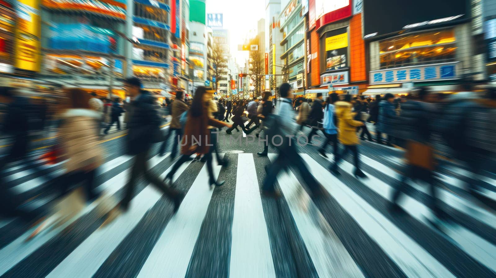 People crossing a street at rush hour. Generative AI.