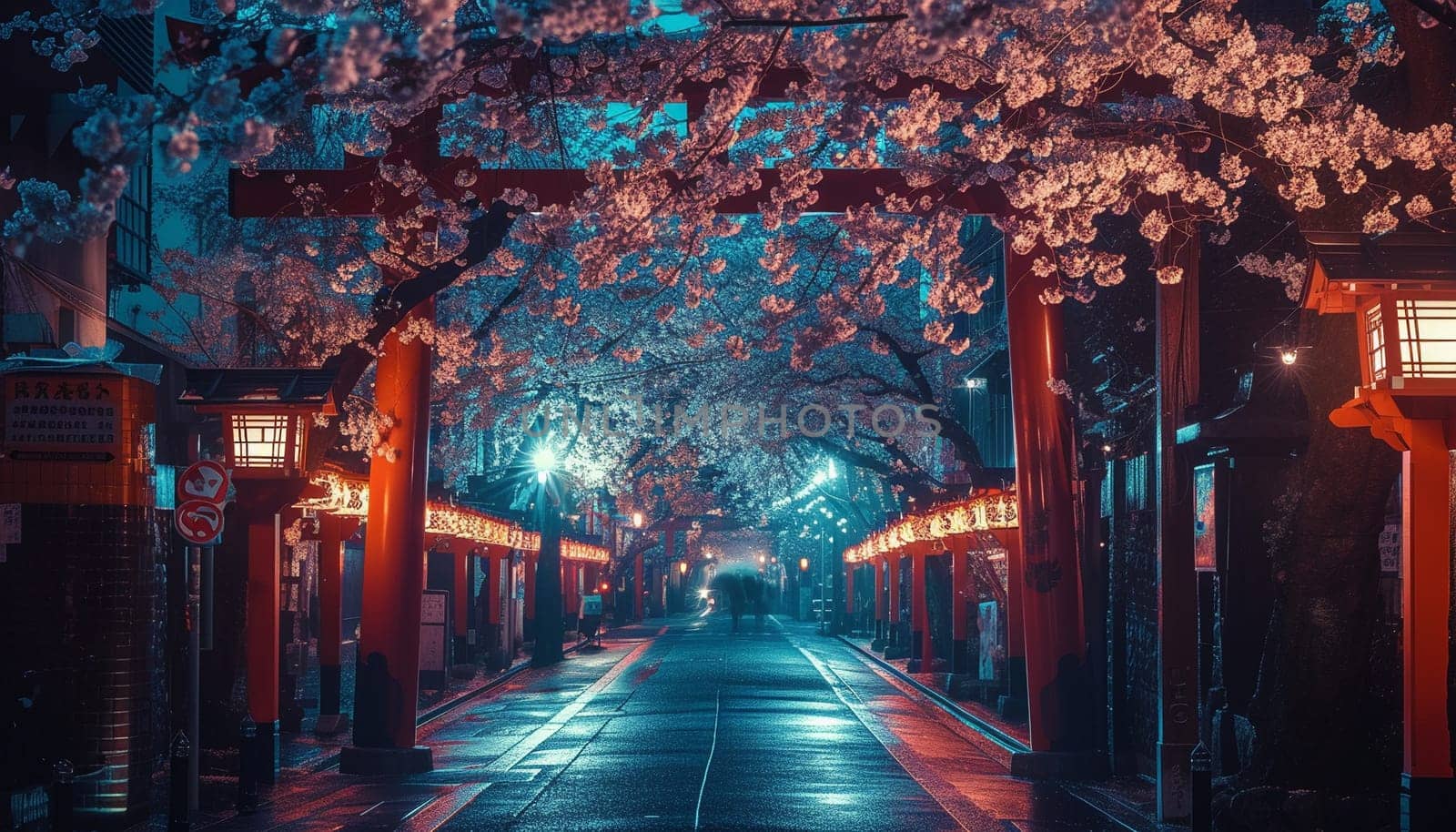 A colorful street photo of the streets of Japan during the Hanami holiday. Cherry blossoms. High quality photo