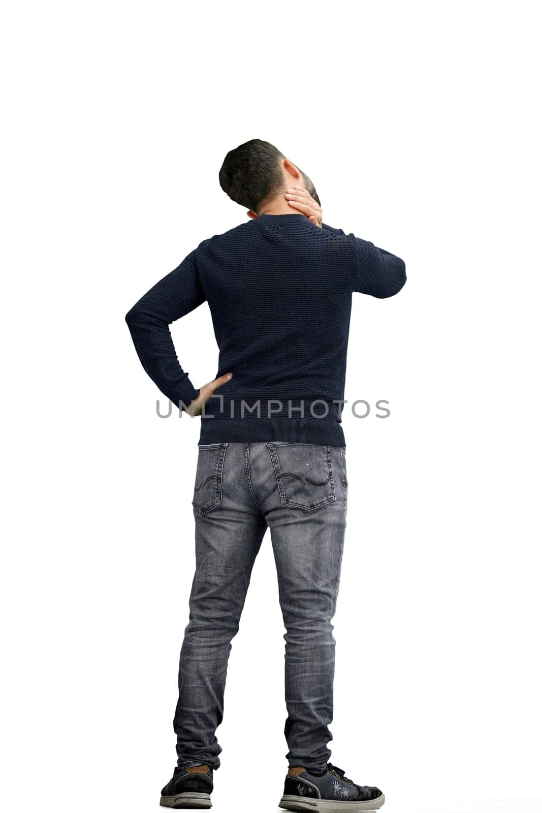 A man, full-length, on a white background, tired.