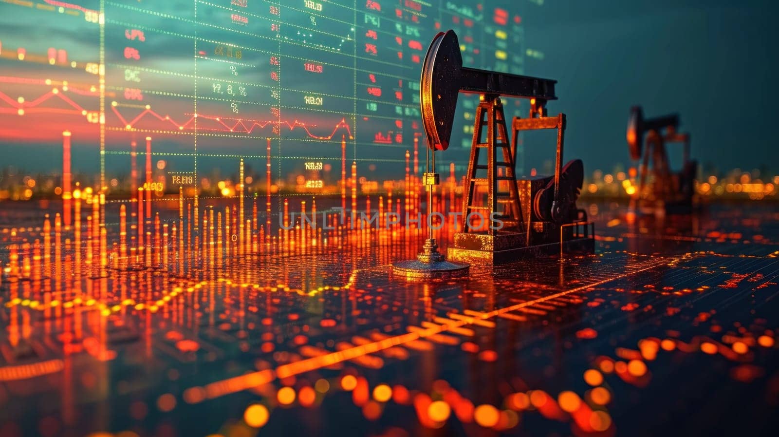 Concept of digital screen with financial chart graphs and oil pumps on a field. Generative AI.