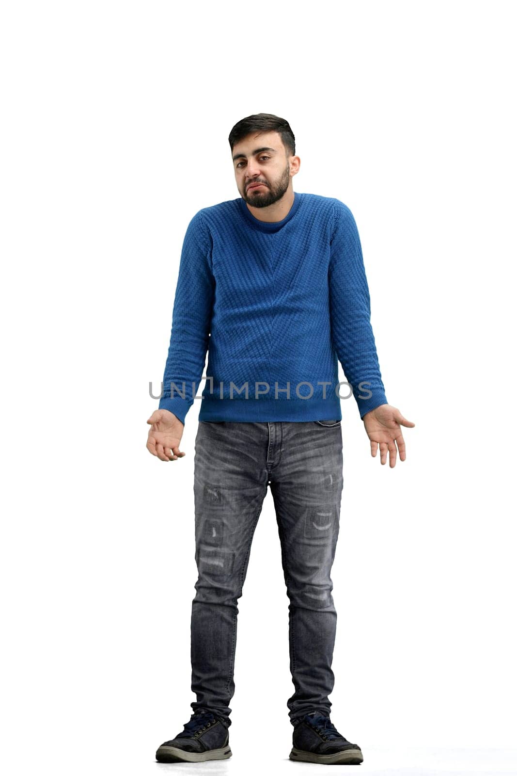 A man, full-length, on a white background, spreads his arms.