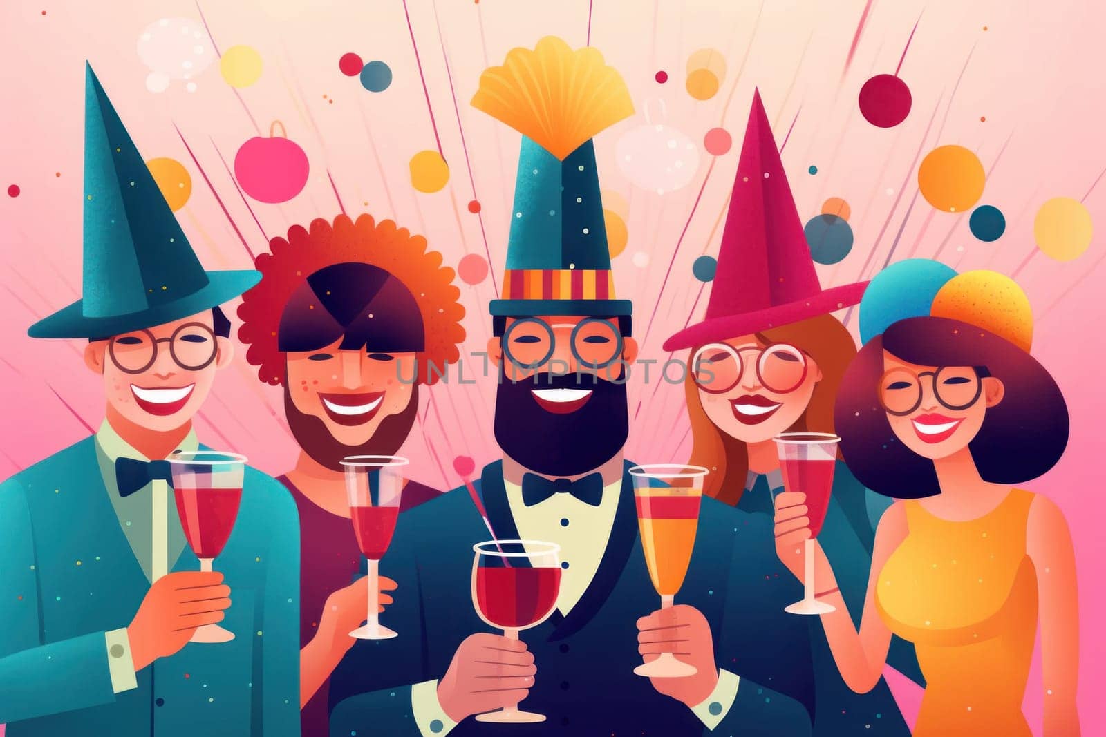 a diverse people wearing colorful party hats Celebrate new year party, illustration.