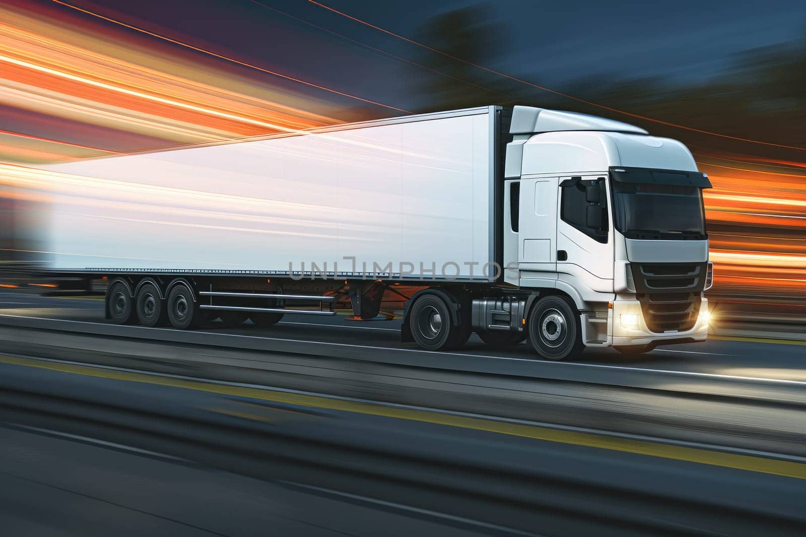 Truck with container on highway, cargo transportation concept. Fast delivery, blurred motion.