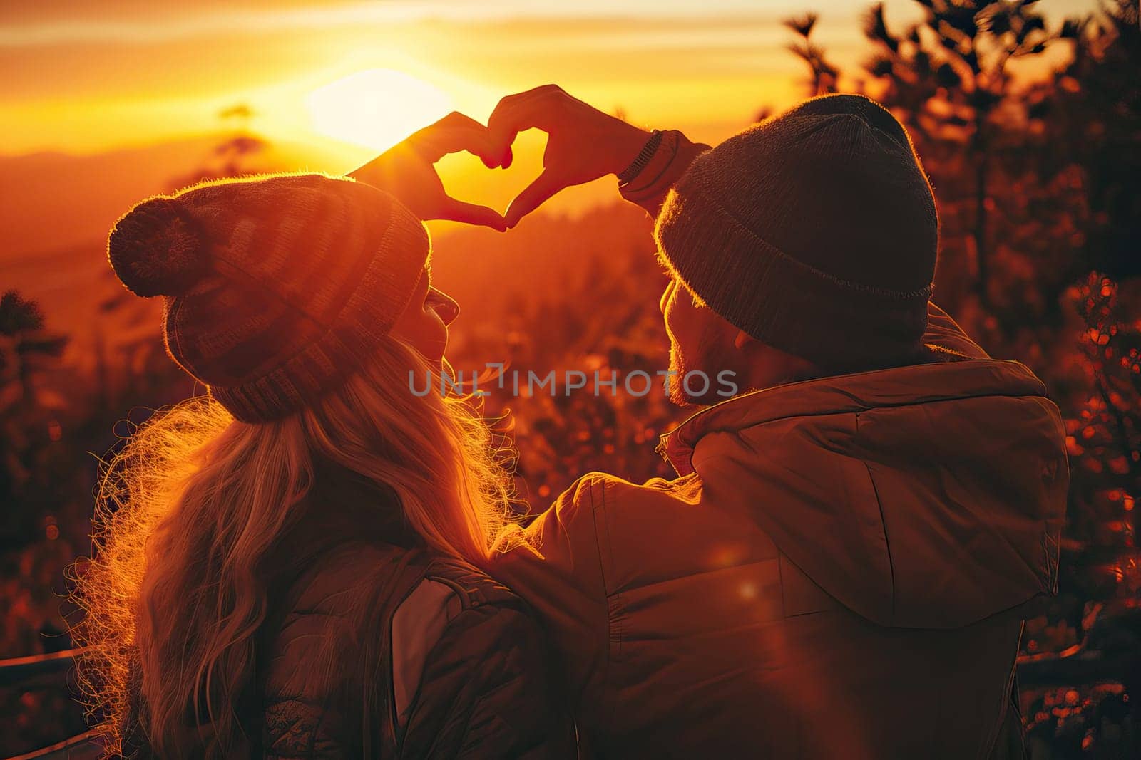 Valentines day concept, Young man and woman creating heart shape by hands at sunset. Generative AI by golfmerrymaker