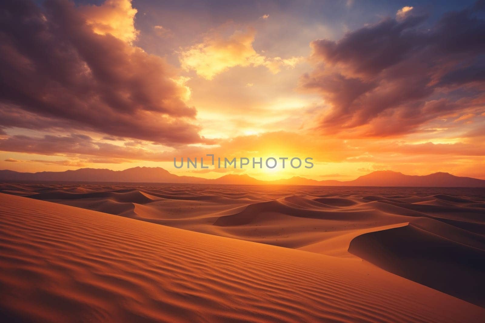 Sunset in the desert, Sand dunes with cloud sky background by nijieimu