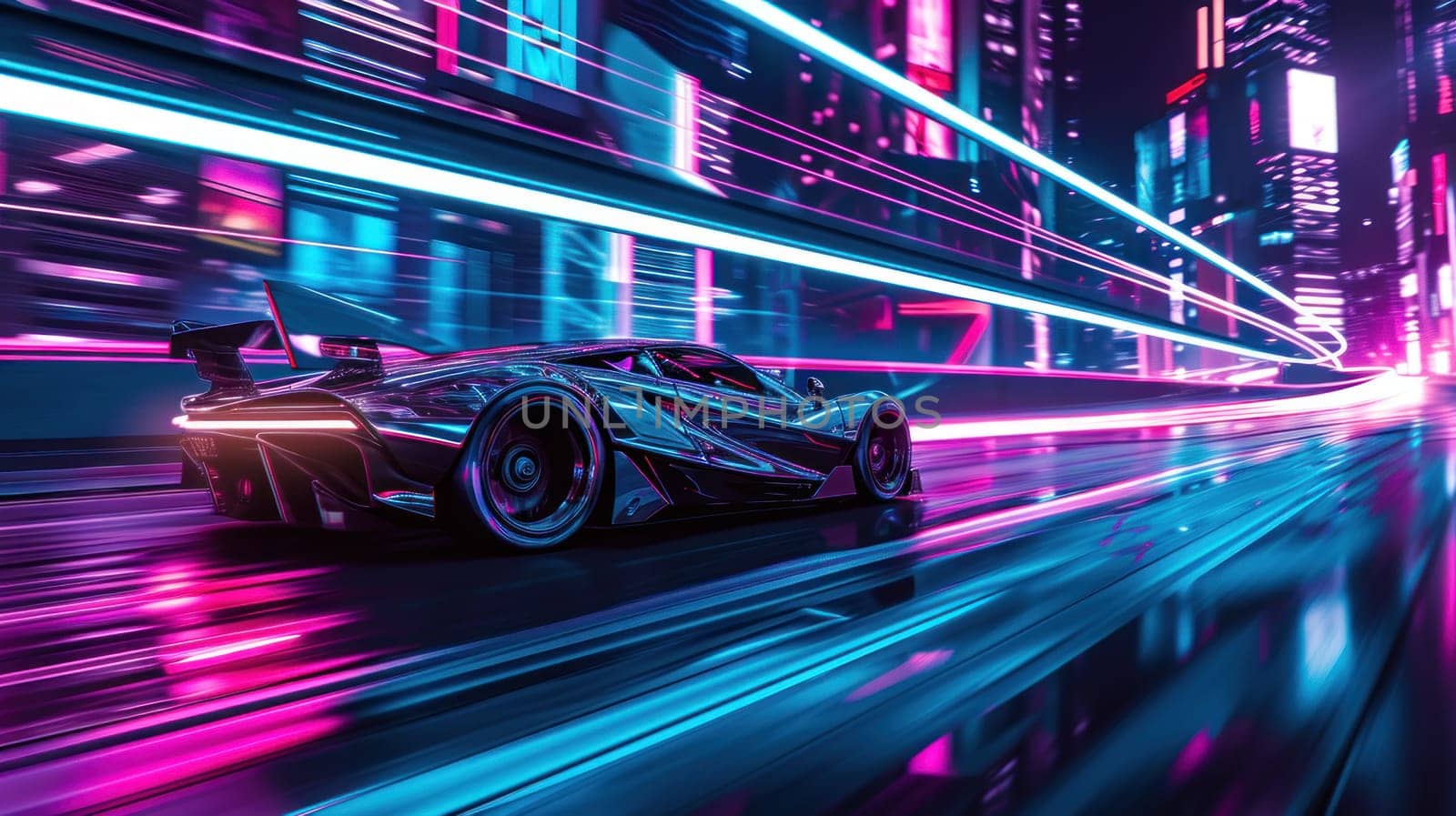 A sleek, silver futuristic car glides through a neon-lit cityscape. Generative AI by golfmerrymaker