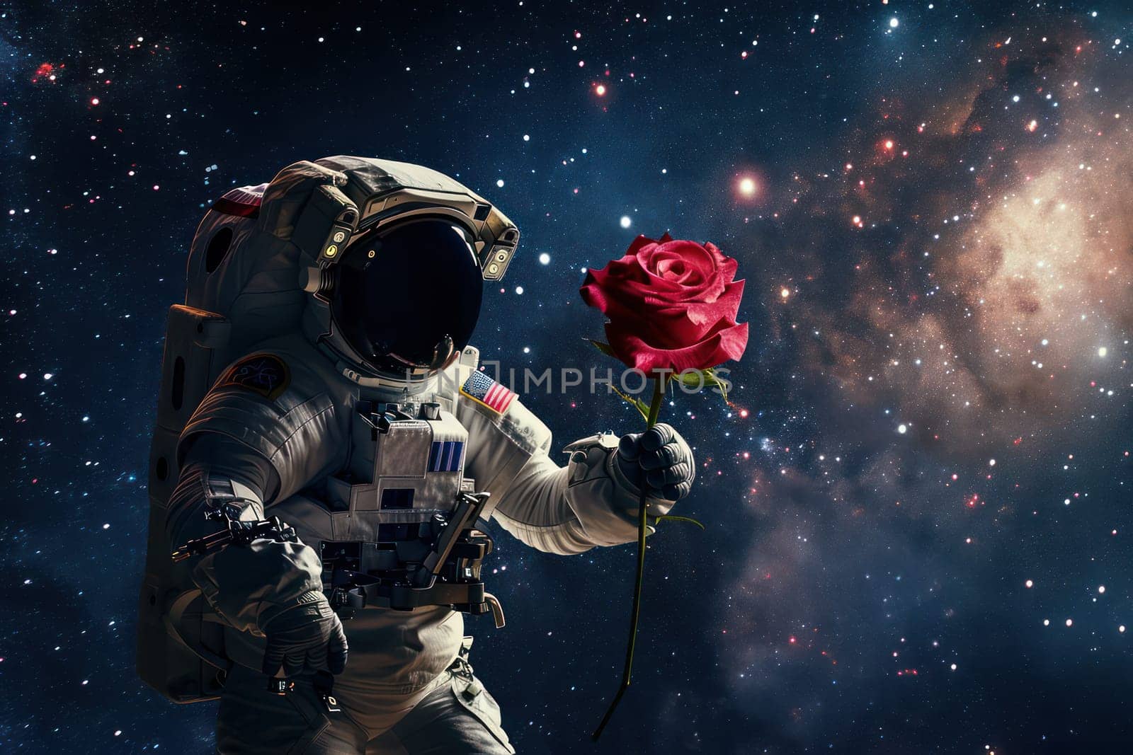 Astronaut a piece of red rose around him in space. Generative AI.