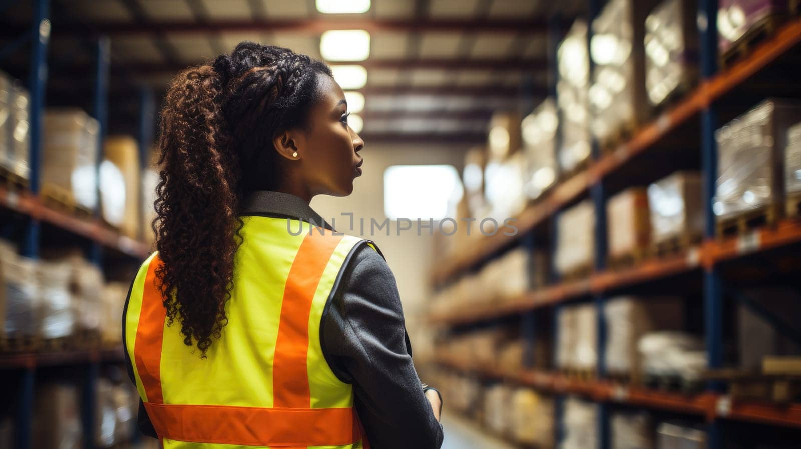 Photo of women in large warehouse taking inventory with tablet, AI Generative.