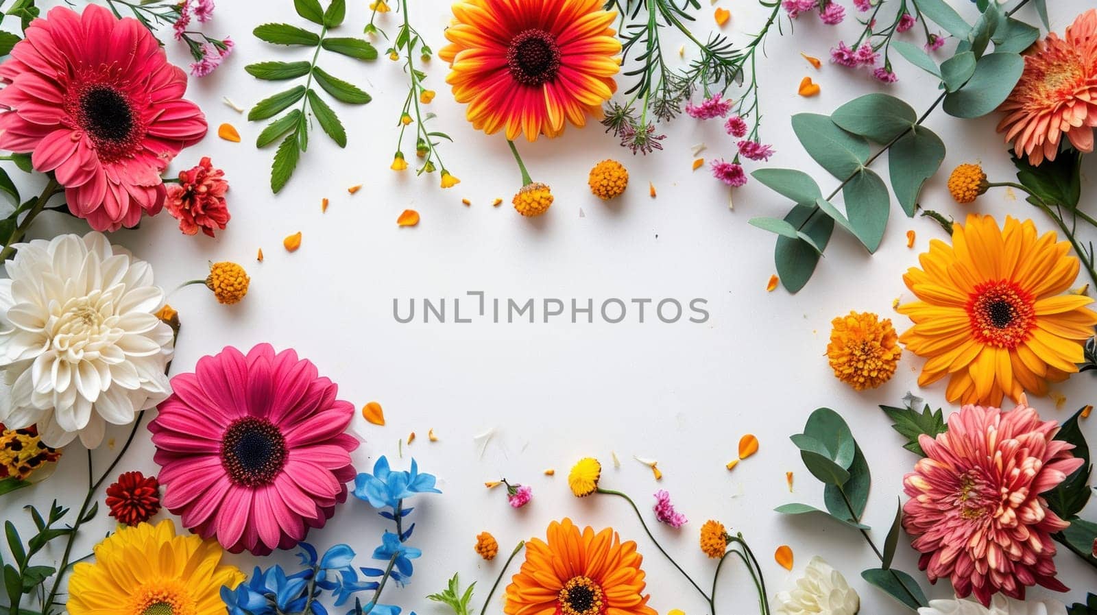 Colorful flowers surrounding white background. Generative AI.