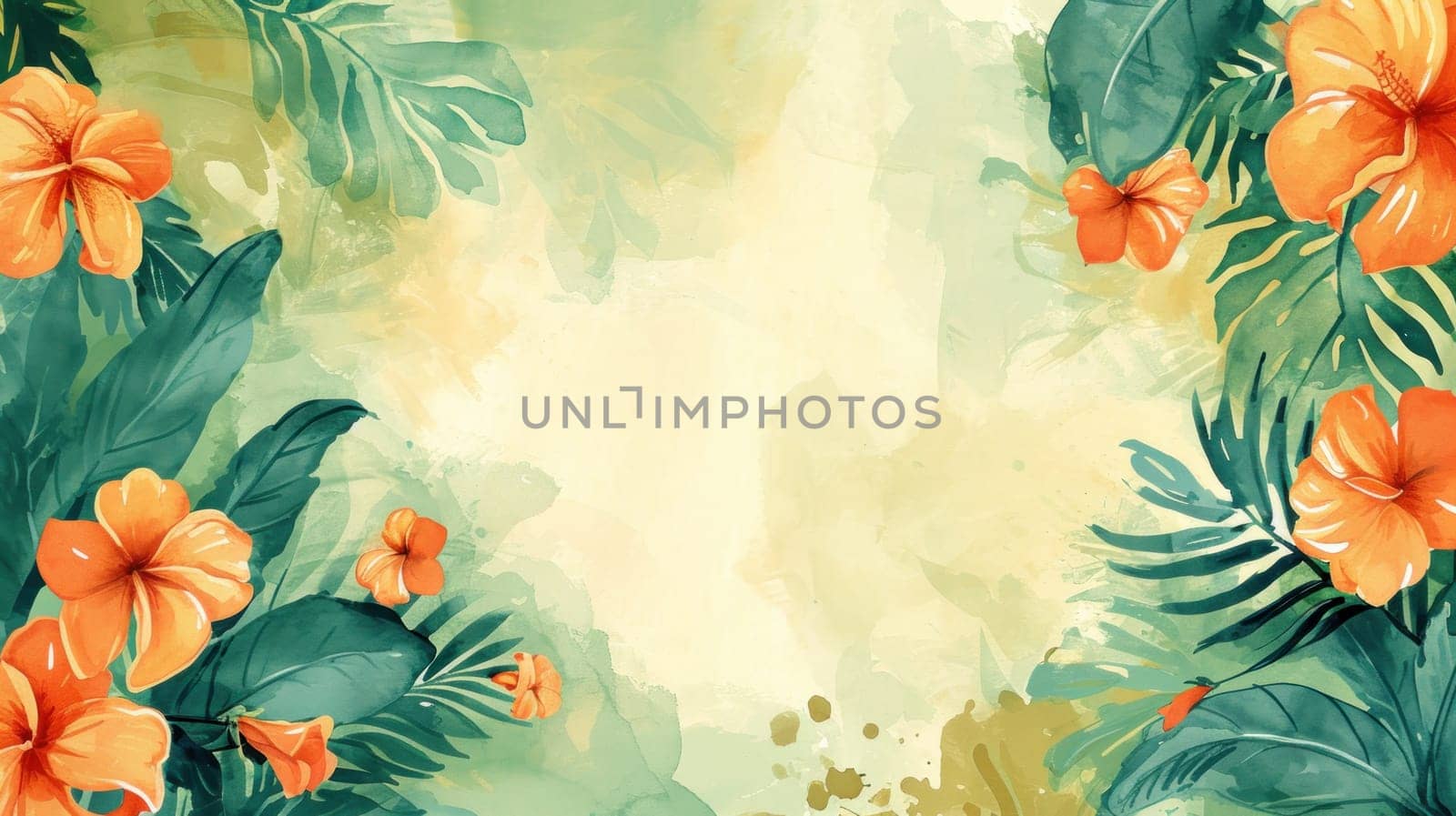 Bright watercolor background with orange flowers and flowers. Generative AI.