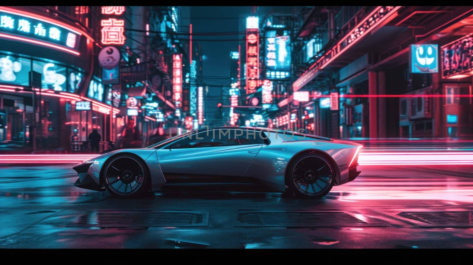 A sleek, silver futuristic car glides through a neon-lit cityscape. Generative AI.