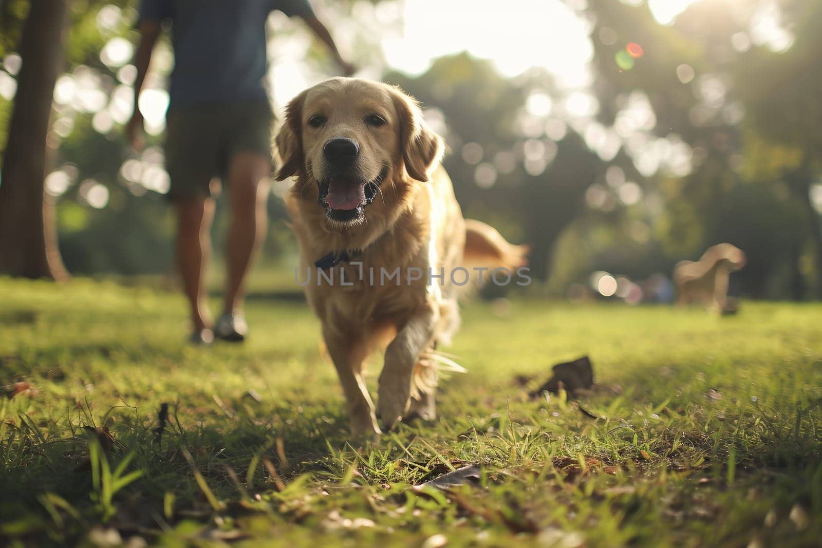 A friendly Dog happily plays fetch with its owner in a lush green park, friendship with animals by nijieimu