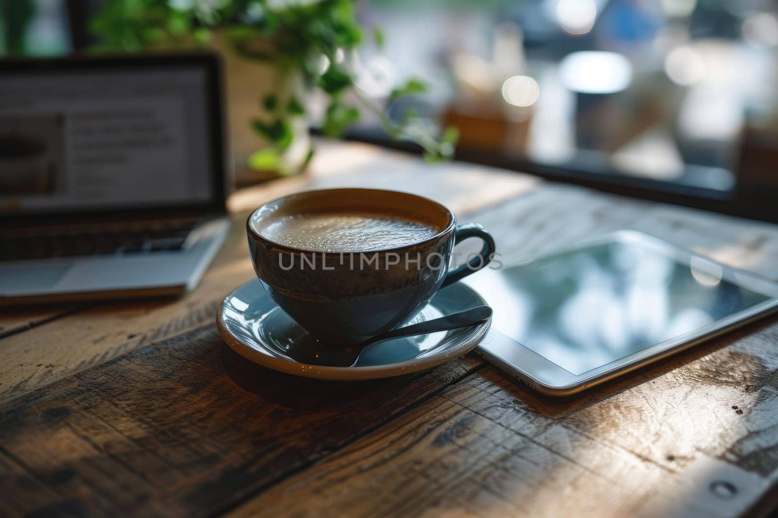 Empty tablet with a cup of coffee on wood work desk, soft focus vintage color tone.