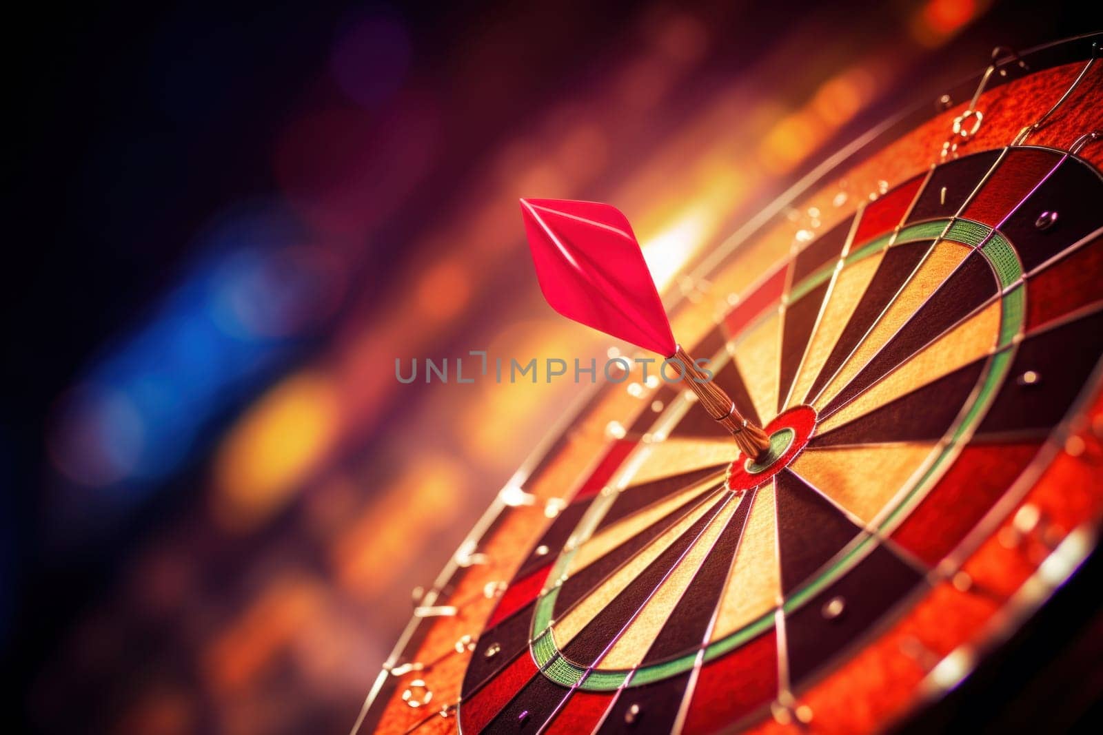 Close up a dart hitting the center of a dart board, Target and goal as concept by nijieimu