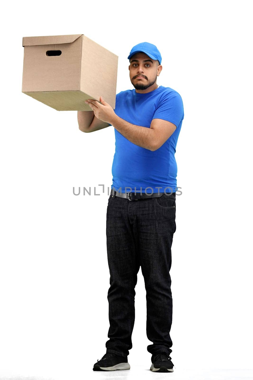 The deliveryman, in full height, on a white background by Prosto