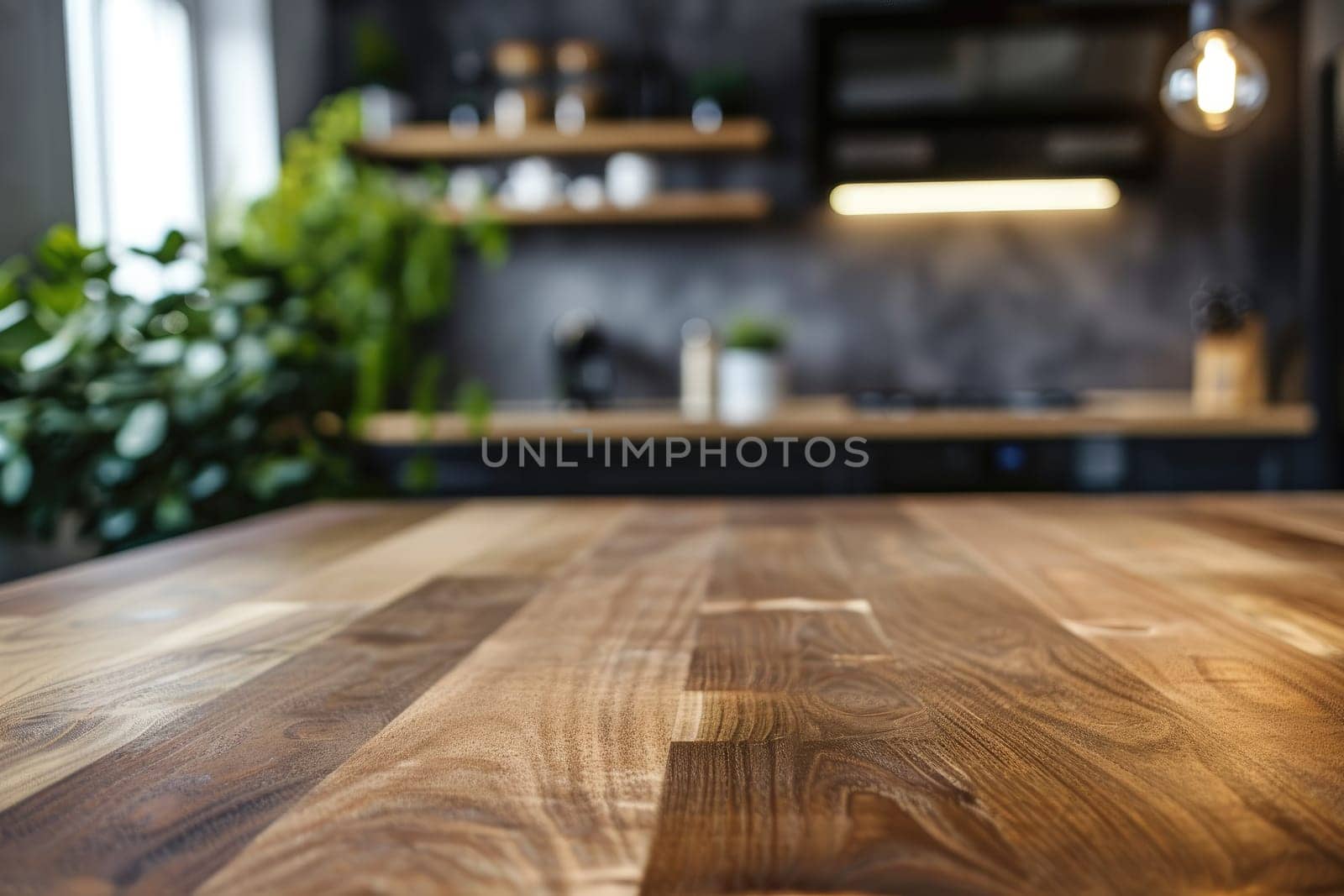 Empty counter table top for product display in modern kitchen interior.