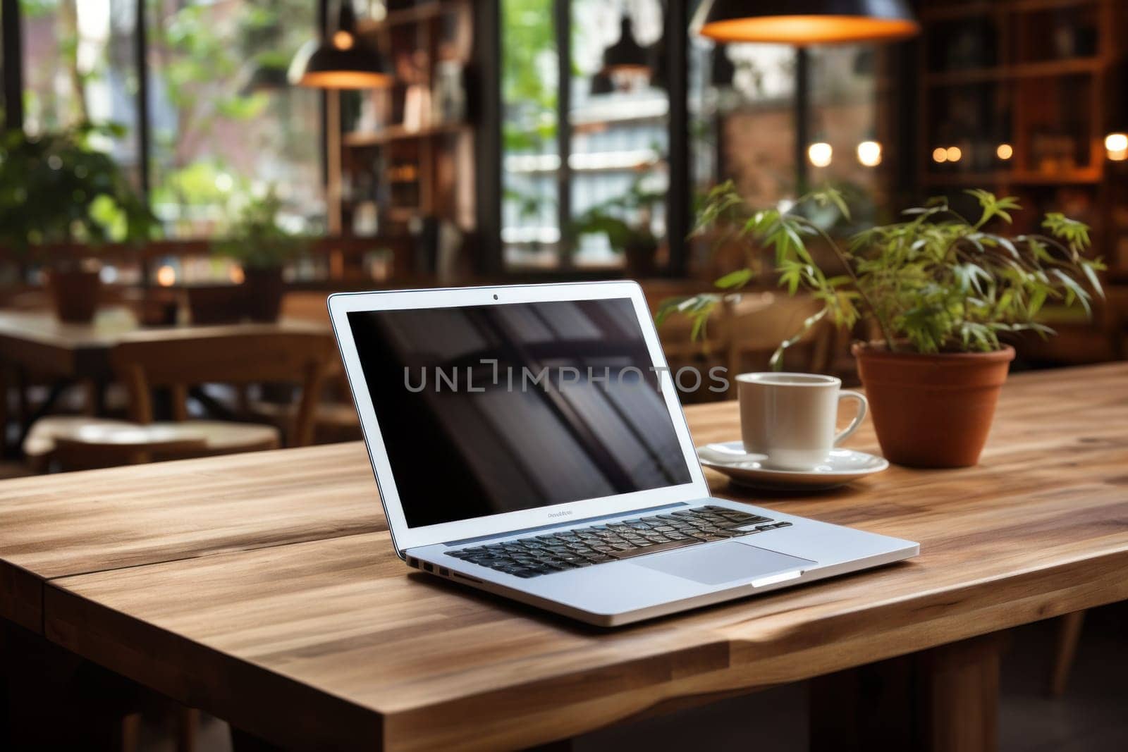 A closed laptop on a wooden desk in modern coffee cafe.