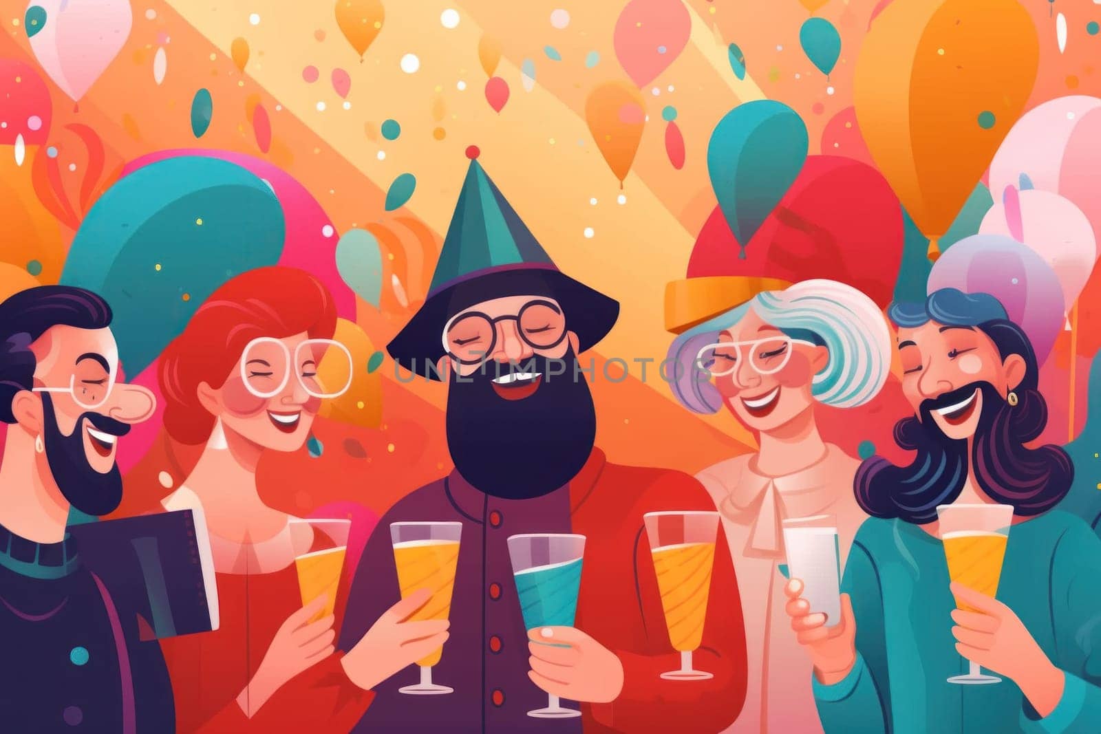 a diverse people wearing colorful party hats Celebrate new year party, illustration.