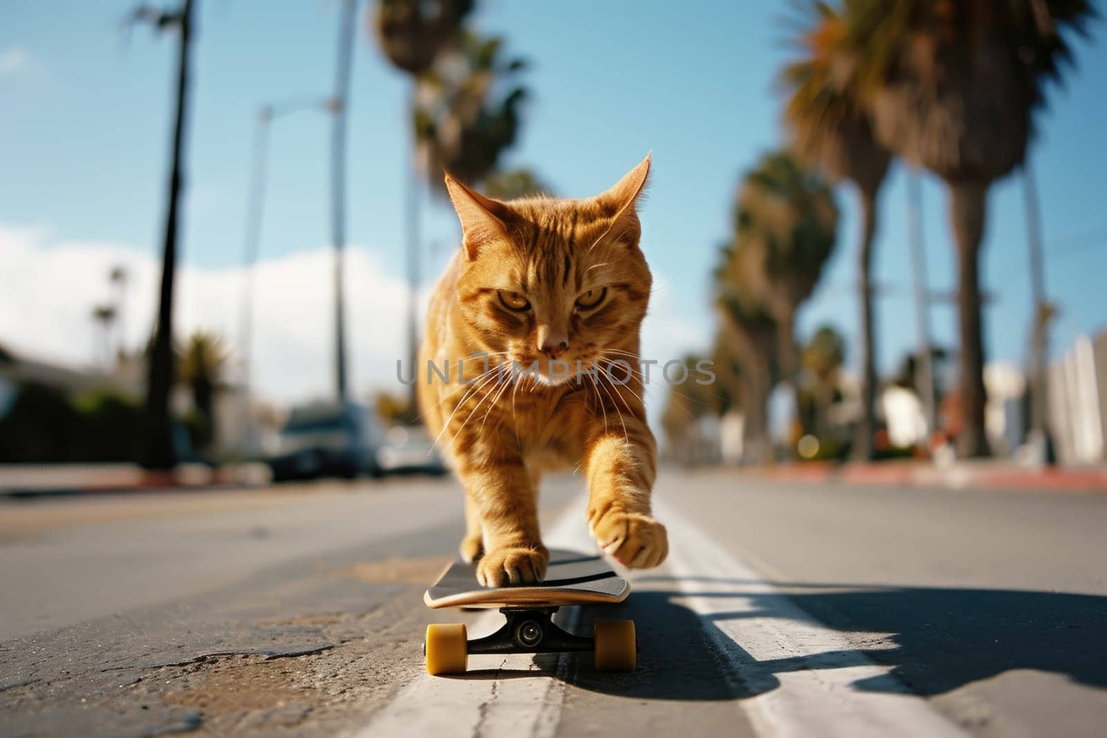 Skateboarding cat. Funny cat rides skateboard on the street in summer city.