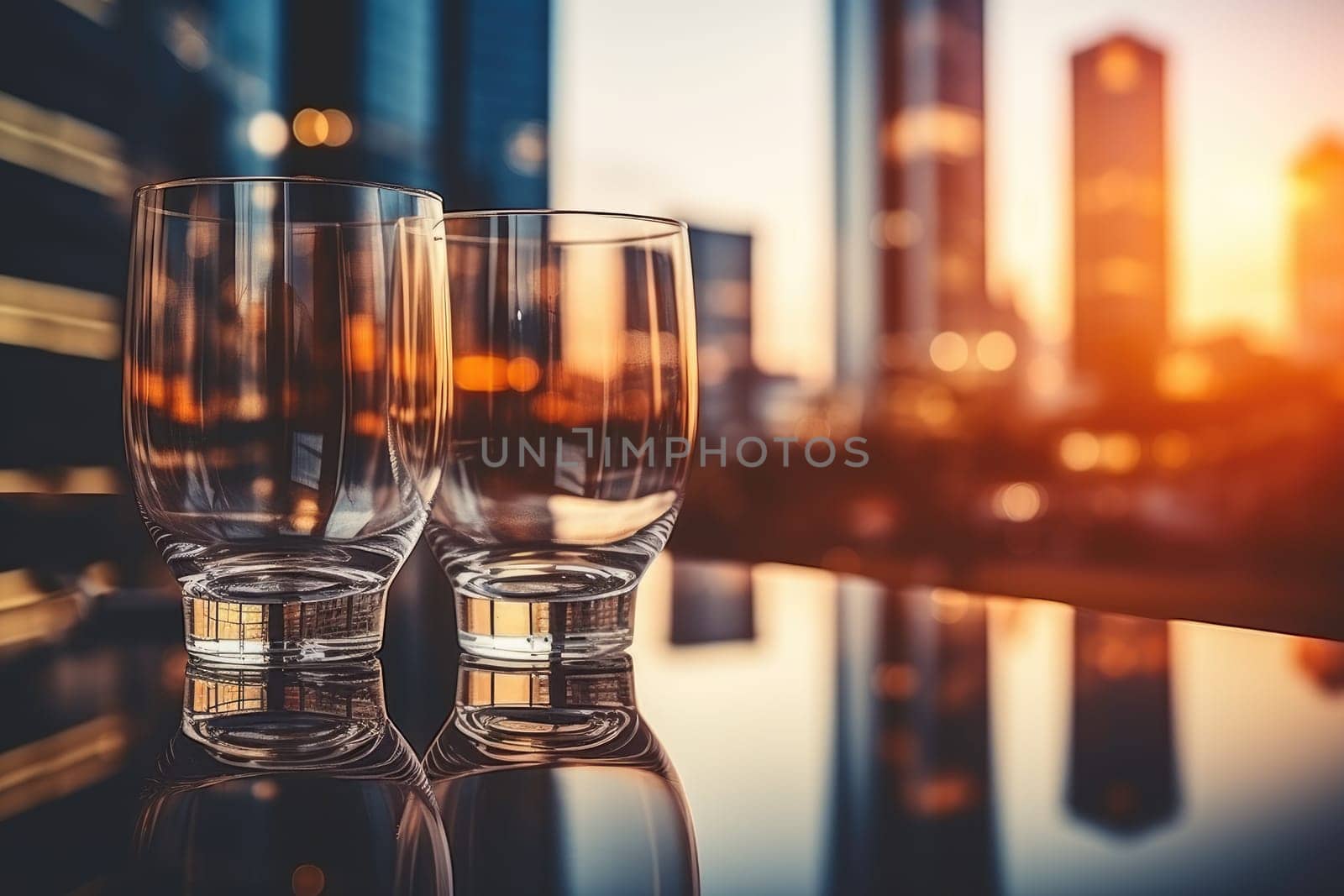 Beautiful table top and blurred defocused high angle view of buildings and city background by nijieimu