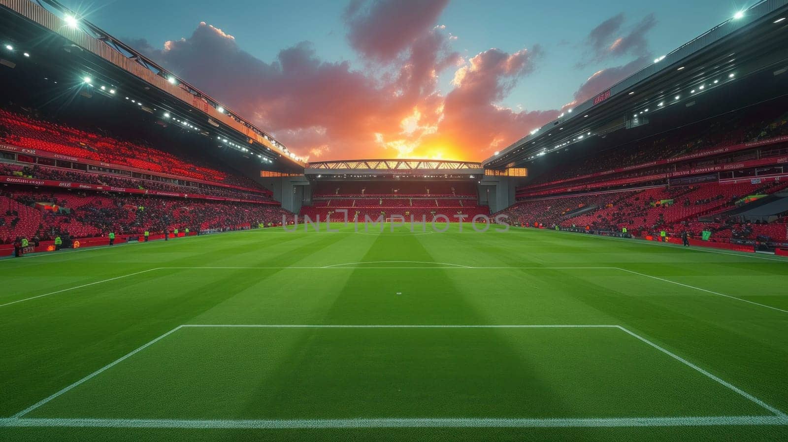 Football pitch at the Euro cup red stadium. Generative AI.