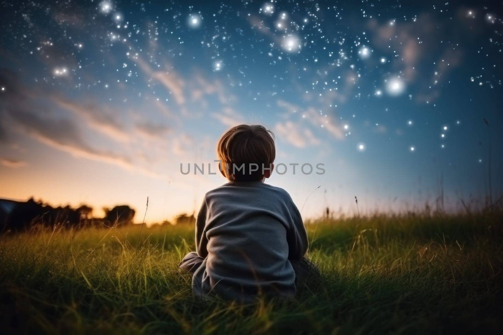 A happy kid is sitting on the grass watching the sky full of stars, AI Generative by nijieimu