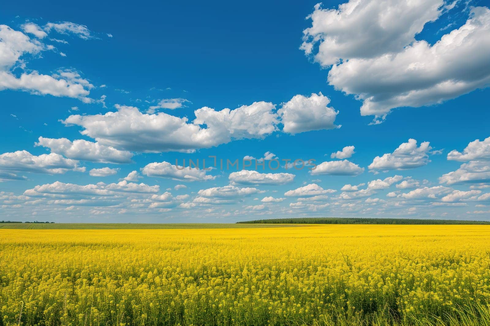 Yellow fields and blue skies. Generative AI.