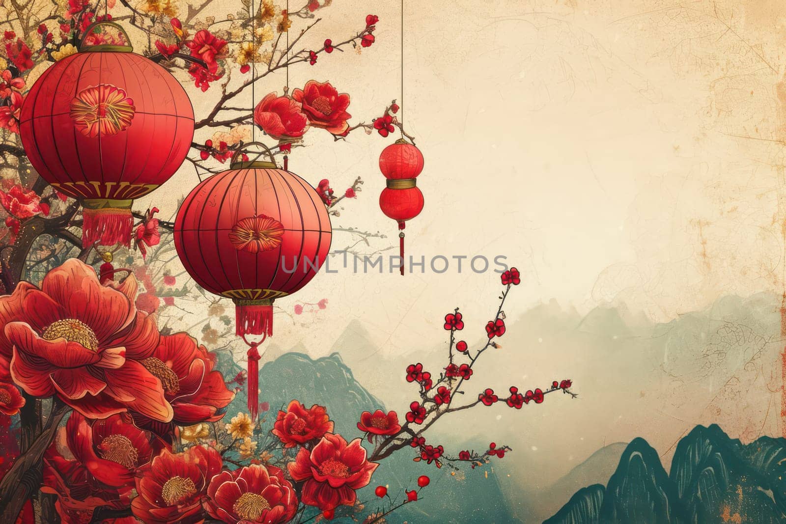 Chinese new year design background for gift card. Generative AI.